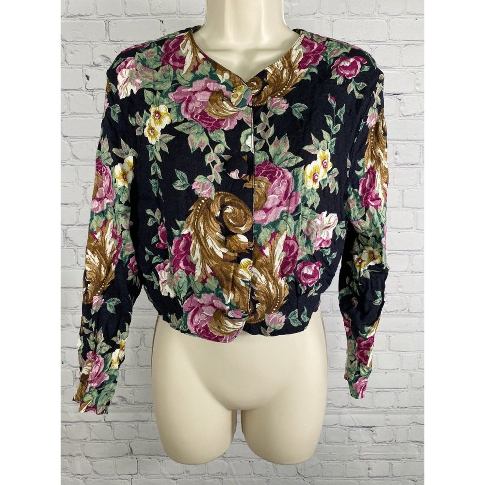 VTG Marnie West Colorful Floral Long Sleeve Button Up Cropped Blouse Womens L